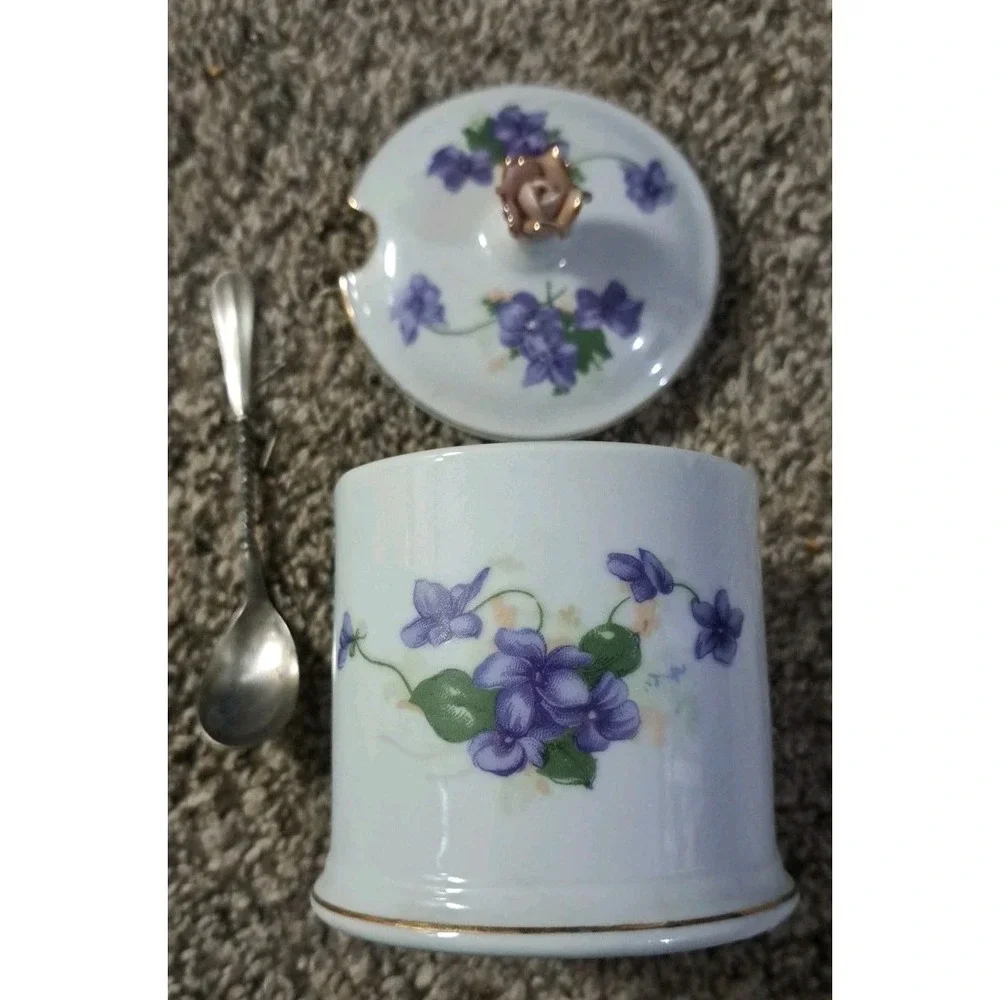 Vtg 2 PC Bond Ware L&M Jam J We ll Condiment Jar‎ W Lid W Serving Spoon Violets